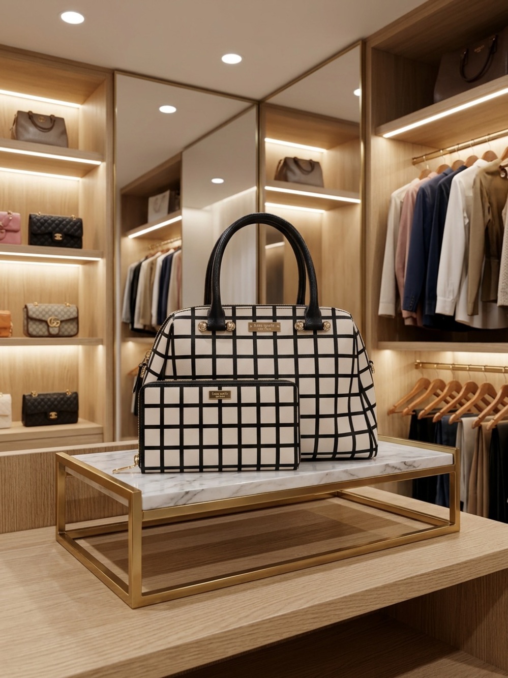 kate spade Black and White Grid Dome Satchel with Matching Pouch